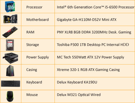 Intel® 6th Generation Core™ i5-6500 Processor, Gigabyte GA-H110M-DS2V Mini ATX Motherboard, Pny 8GB 3200MHz DDR4 Desktop RAM, Toshiba P300 1TB Desktop PC Internal Hard Drive, Xtreme 320-1 RGB ATX Gaming Casing, MC Tech 550Watt ATX 12V Power Supply, Delux Keyboard & Delux Optical Mouse.